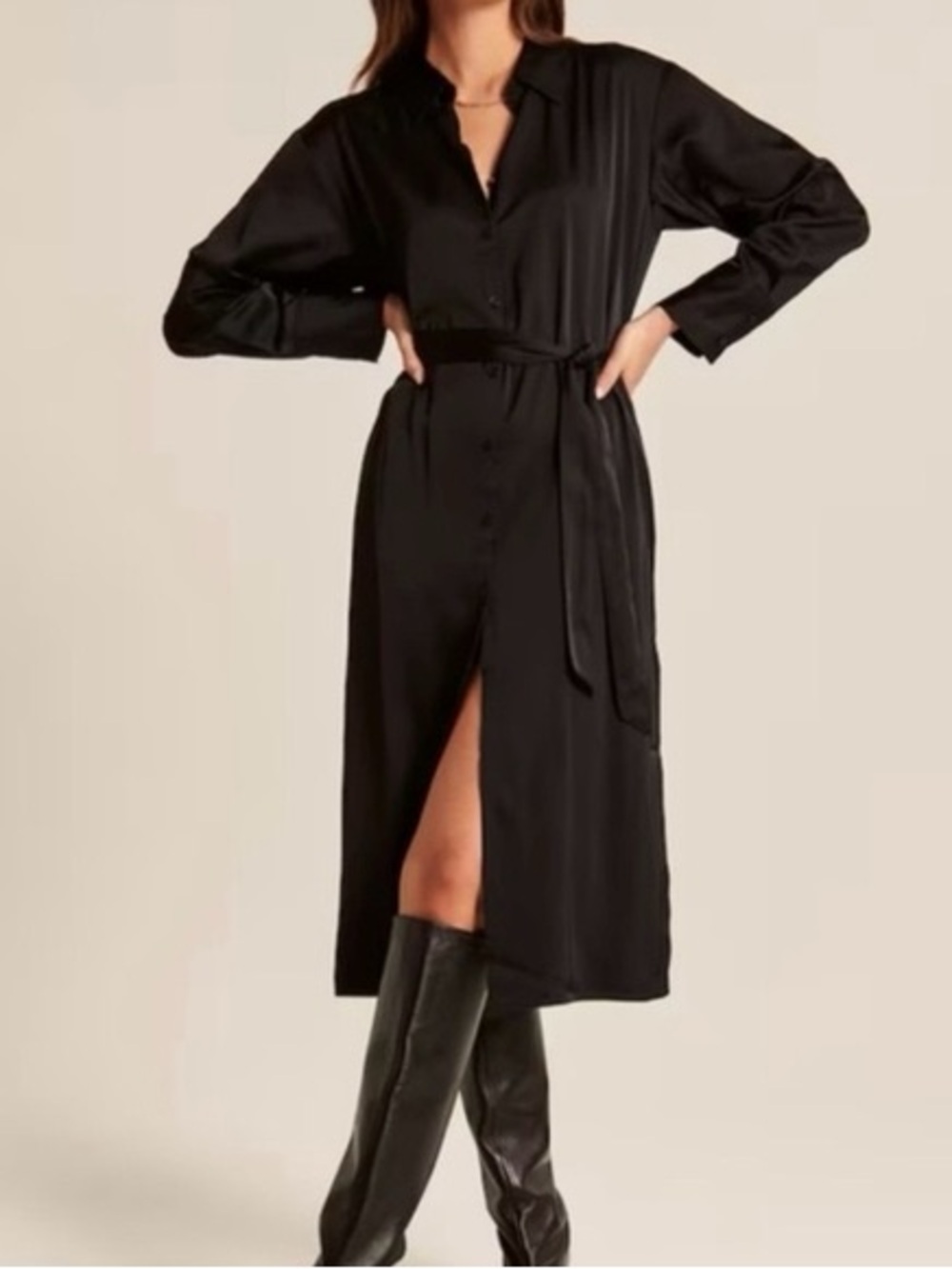 Abercrombie & Fitch Women's Long-Sleeve Satin Button-Through Midi Shirt Dress
